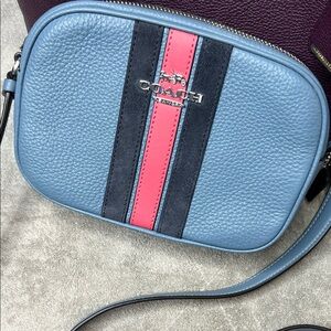 Coach Blue Crossbody Bag with Pink and Black Stripes